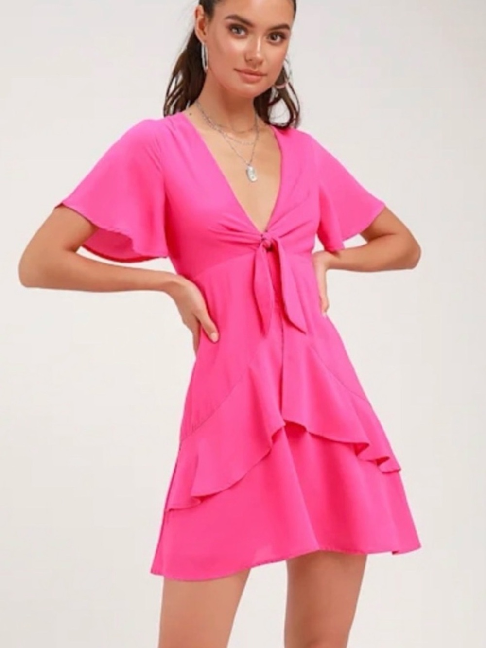 Lulus Jewell Fuchsia Pink Tie-Front Ruffled Skater Dress - Picture 2 of 12